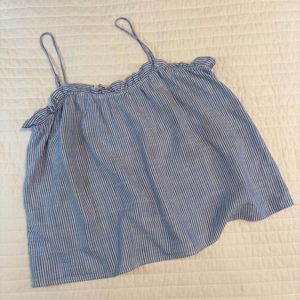 H&M Blue Striped Ruffle Cami Linen Blend Tank Top Women Size Small